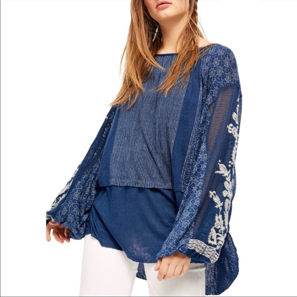 Free People Indigo Dreams Embroidered Tunic M